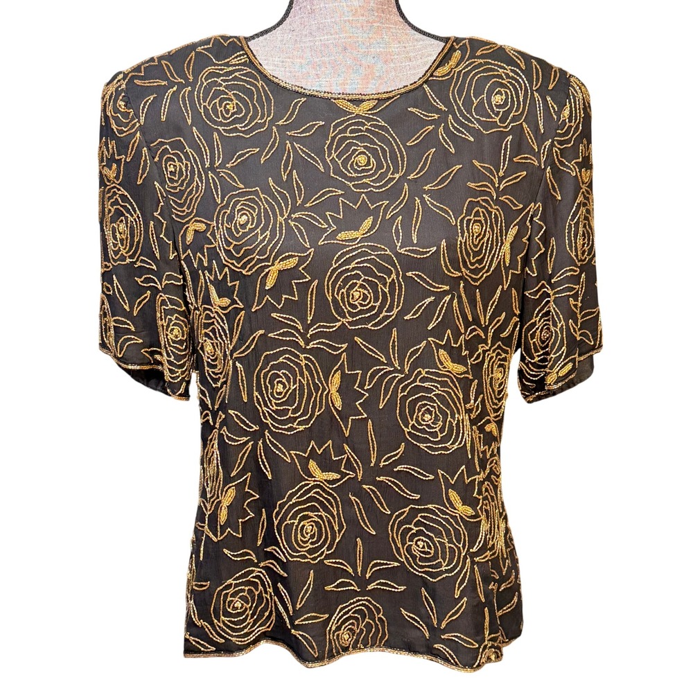 Stenay Vintage Black Silk Gold Beaded Rose Floral Evening Top Blouse XL